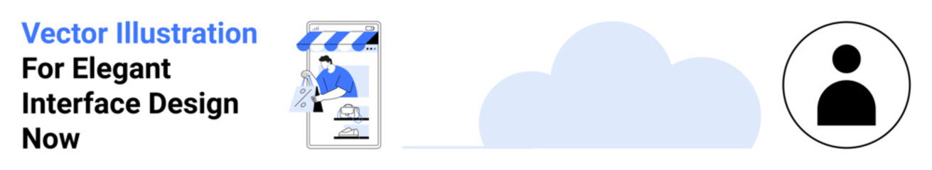 Mobile device displaying a digital storefront, cloud storage illustration, and a user profile icon. Ideal for e-commerce, cloud storage, user interface design, branding, technology, marketing flat