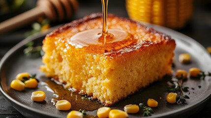 A Delicious Close-Up of a Slice of Cornbread Featuring Butter and Honey with Fresh Corn and Herbal Garnishes