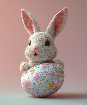Easter concept: Easter bunny rabbit with egg on pink background
