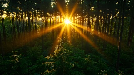 Golden Sunrise Rays in a Lush Green Forest