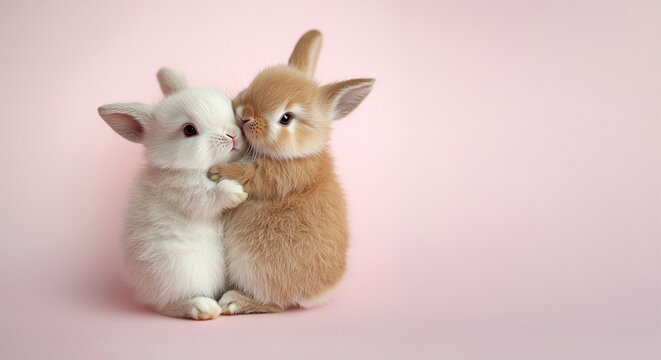 An Easter concept featuring two baby bunny rabbits in white and ginger tones, tightly embracing on a pastel pink background, symbolizing Dutch Easter traditions of renewal and family connection.