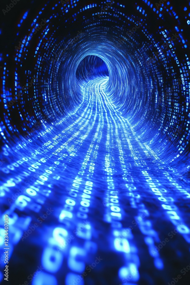 Poster blue data stream tunnel representing high-speed digital data transfer and flow in data center.