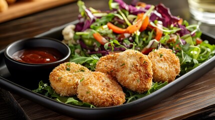 Gourmet Chicken Nuggets with Unique Spices, Fresh Salad, and Zesty Sauce for a Healthy Snack