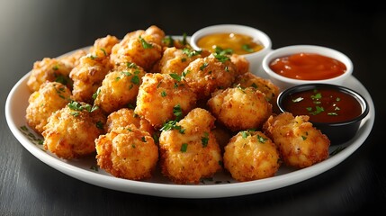 Exquisite Presentation of Delicious Chicken Nuggets with Dipping Sauces and Garnishes