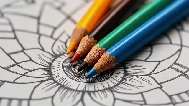 Several sharpened colored pencils pointing at a partially colored mandala design in an adult coloring book