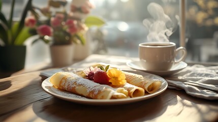 Cozy Brunch Setting with Delicate Crepes Filled with Seasonal Fruits and Powdered Sugar, Enhanced by a Steaming Cup of Coffee