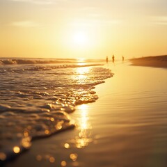 Fototapeta premium Golden Sunset at the Beach Silhouettes of People Walking on