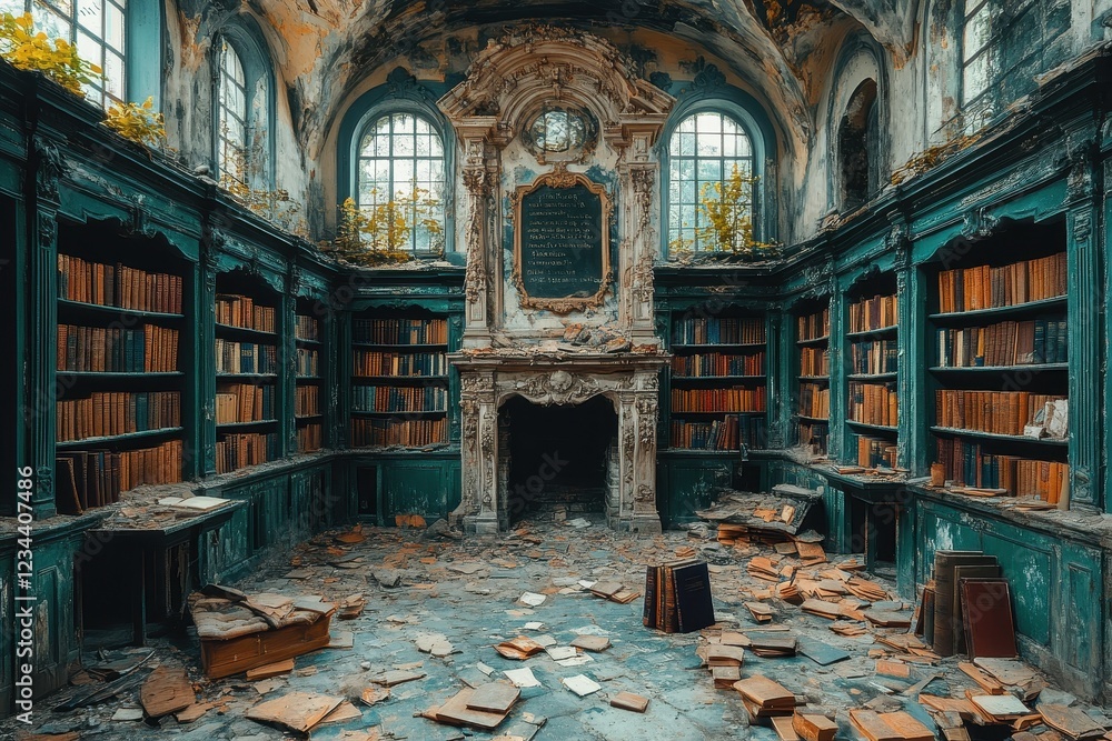 Poster an abandoned library with ornate architecture and scattered books.