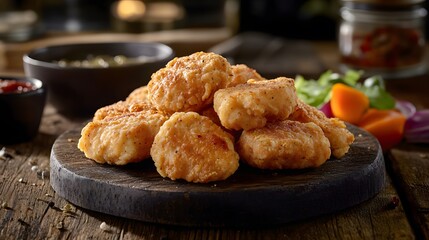 Creative Homemade Chicken Nuggets in Various Shapes with Fresh Vegetables on a Rustic Table