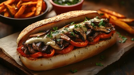 Decadent Gourmet Cheesesteak with Grilled Vegetables and Sweet Potato Fries for a Unique Dining Experience