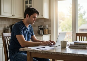  A father working on a laptop at the kitchen table with children playing nearby
