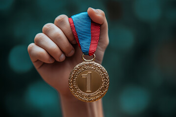 the hand holds the medal for the 1st place victory