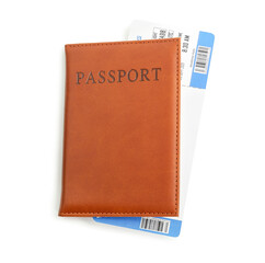 One passport with ticket isolated on white, top view