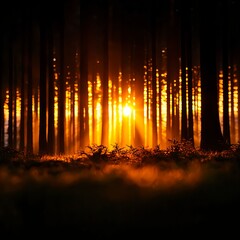 Golden Sunset in a Misty Forest