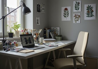  A creative home office with art supplies and a laptop in natural light