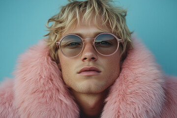 a man in a pink fur coat on a blue background