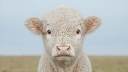 White calf portrait, field background, farm animal, livestock image