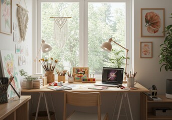  A creative home office with art supplies and a laptop in natural light
