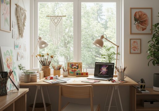  A creative home office with art supplies and a laptop in natural light