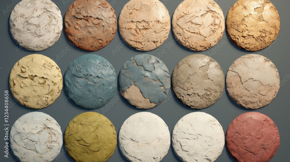 Poster various textures of fine powdery grains and large particles captured in circular samples displaying 