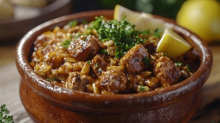 Rustic Jambalaya: A Hearty Serving of Southern Cuisine with Fresh Ingredients and Flavorful Spices