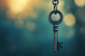 Antique key with ornate design against a blurred background.