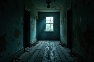Sunlit Window in a Desolate, Decaying Hallway with Peeling Paint and Dusty Wooden Floor
