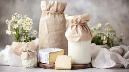 Fresh dairy products including milk, cheese, and yogurt displayed with flowers on a rustic table