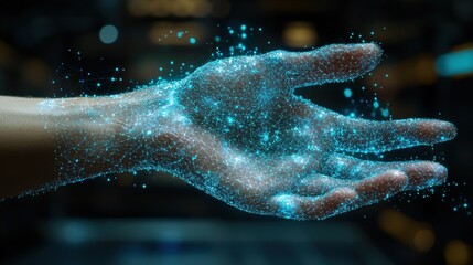 Digital hand with glowing particles on blurred background