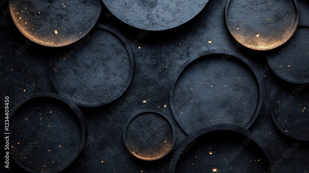 Poster abstract composition of circular shapes against a dark textured background.