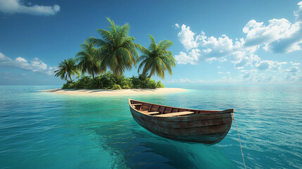 Obraz premium Beautiful small island landscape with mini beach featuring tropical palm trees and a small boat. Suitable for marketing or business purposes. Panoramic banner with place for text