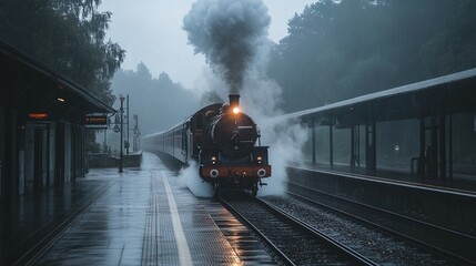 A misty rainy train station at dusk with a steam engine pulling into the platform.