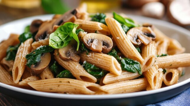 Delicious vegetarian pasta plate with whole wheat penne, mushrooms, and fresh spinach.