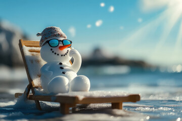 Ein schmelzender Schneemann sitzt auf einem Liegestuhl, trägt Sonnenbrille, während er in der Sonne tropft und schmilzt