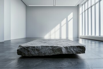 Minimalist gallery with rock sculpture on display.