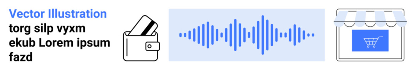 Digital wallet with credit cards, blue audio waveform, storefront with shopping cart icon on signage. Ideal for online payments, audio streaming, e-commerce, financial technology, digital marketing