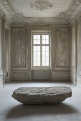 Fototapeta premium Minimalist stone bench in an aged, elegant room.