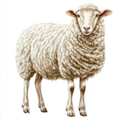 Fototapeta premium Detailed Illustration of a Fluffy White Sheep Standing on a White Background
