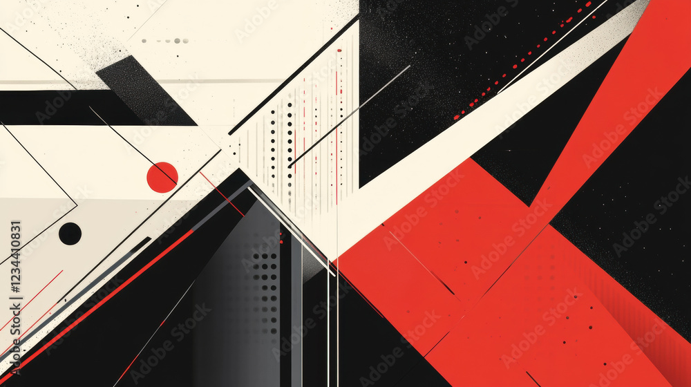 Poster geometric shapes creating dynamic abstract composition with red, black and white colors