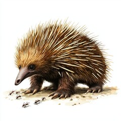 Naklejka premium Cute echidna foraging in the soil surrounded by ants in a natural setting with a bright white background
