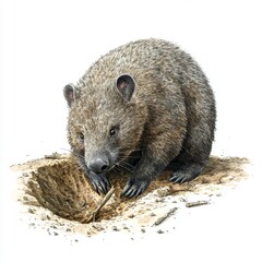 Obraz premium Detailed Illustration of a Wombat Emerging from Its Burrow in a Natural Setting