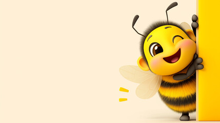 Funny happy bee on light background with copy space