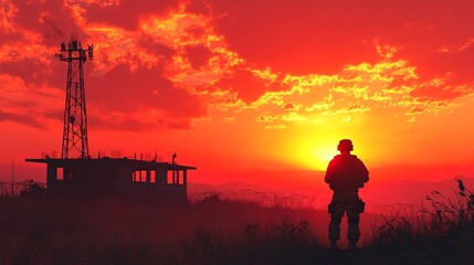 Fototapeta premium A soldier standing in front of a barbed wire fence and watch tower in the middle of nowhere at sunset.