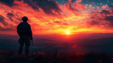 Obraz premium Soldier standing on a hill overlooking a vast landscape at sunset.