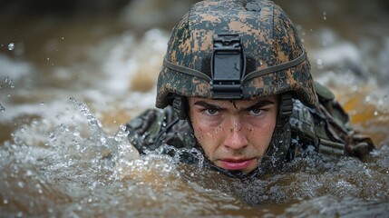 A young soldier training in the water.
