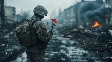 Naklejka premium A soldier holding flowers amidst a war-torn background.