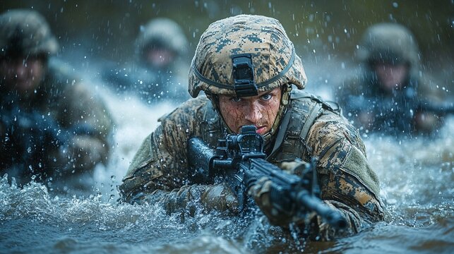 US Marine Corps soldiers wading through a river during military training.