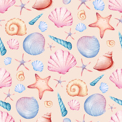 Seamless  pattern with watercolor seashells and seaweed. Print for wallpaper, cards, fabric, wrapping paper, cards, backgrounds, textures	