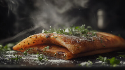 Freshly made Indian dosa garnished with herbs