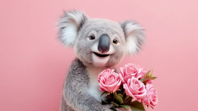 Cute animated koala holding roses and saying something against a pink background. Holiday greeting or flower delivery advertisement 